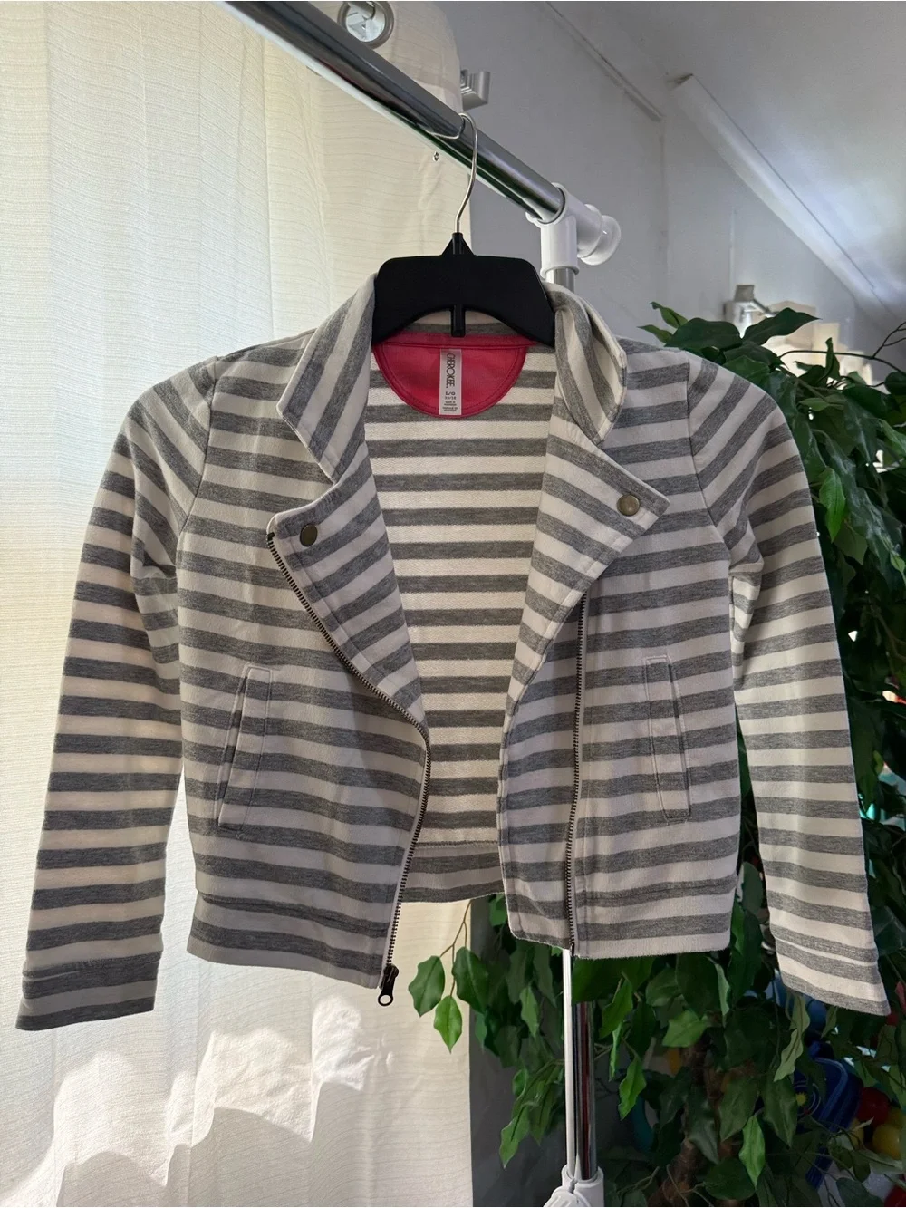 Cherokee Girls Gray & White Striped Moto Jacket